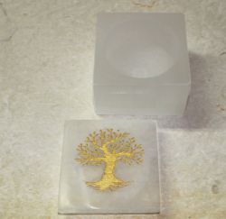 Selenit - Dose mit Deckel - Baum Gravur - eckig - 7,5x6cm - 1 St