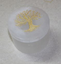 Selenit - Dose mit Deckel - Baum Gravur - rund - 8x6cm - 1 St.