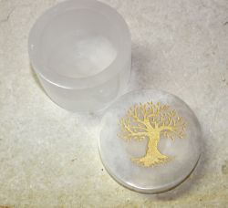 Selenit - Dose mit Deckel - Baum Gravur - rund - 8x6cm - 1 St.