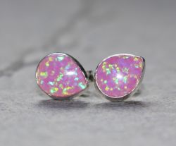 Opal synth. pink - Tropfen - Cabochon - 9mm - Silber - Ohrstecke