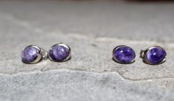 Charoit - Oval - Cabochon - 8mm - Silber - Ohrstecker - 1 Paar