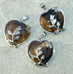 Tigerauge - Herz mit Fassung - Anh�nger -  3 St�ck