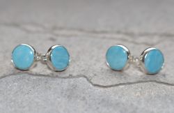Larimar - Rund - Cabochon - 8mm - Silber - Ohrstecker -1 Paar