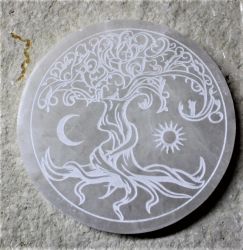 Selenit - Scheibe - Baum mit Sonne und Mond - 10cm - 5 St�ck
