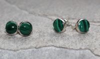 Malachit - Rund - Cabochon - 8mm - Silber - Ohrstecker -1 Paar
