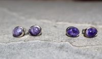 Charoit - Oval - Cabochon - 8mm - Silber - Ohrstecker - 1 Paar