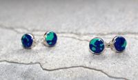 Azurit-Malachit - Rund - Cabochon - 8mm - Silber - Ohrstecker -1