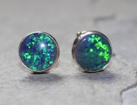 Opal synth. blau - Rund - Cabochon - 8mm - Silber - Ohrstecker